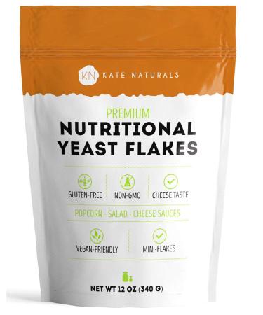 Nutritional Yeast Flakes (12oz - 21 Servings) - Kate Naturals. Delicious Yeast Nutrient Fortified Nooch - Vegan Cheese Powder Substitute & Vegan Seasoning. Gluten-Free, Non-GMO, Amino Acids.