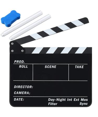 Film Clapboard 12 x 9.5 Inches Acrylic Movie Directors Clapboard Cut Action Scene Slate Studio Video Film Clapper with 2 Pieces White Ink Erasable Pen and Blackboard Eraser for Scene Shot Supplies