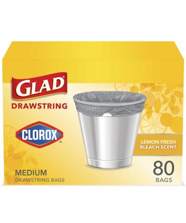 Glad Medium Drawstring Trash Bags with Clorox, 8 Gallon Grey Trash Bags, Lemon Fresh Bleach Scent, (Package May Vary), Lemon, 80 Count