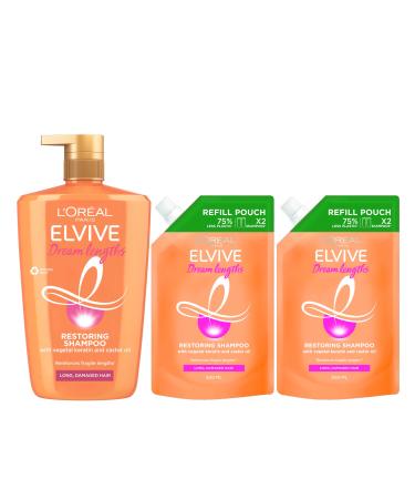 L Or al Paris Elvive Dream Lengths Shampoo XL 1L with 2x Refill Pouches 500ml for Long Damaged Hair Nourishing & Strengthening to Prevent Hair Breakage Enriched with Castor Oil