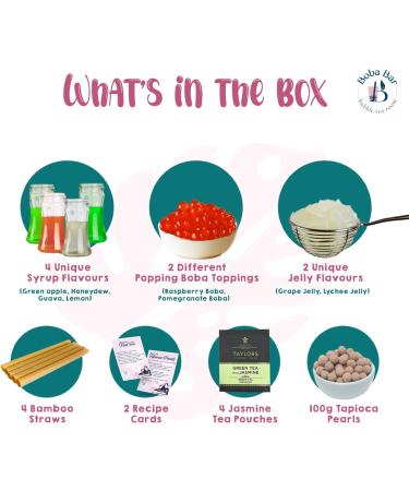 Boba bar London | DIY Fruit Bubble Tea Kit | Serves 4 (FTBK-GC-4) Boba Bar London | Green Chiller Fruit Bubble Tea Kit | 4 Fruit Tea Flavours | 4 Boba & Jelly Toppings | Tapioca Pearls | 4 Bamboo Straws | 4 Tea Bags | 2 Recipe Cards  - Buy Online on SooperMarket.com