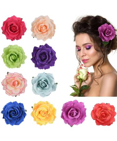 URAQT Flower Hairpin Flower Brooch 10 pieces Multicolor Rose Hair Barrette Accessories for Women Girls Party Beach Wedding