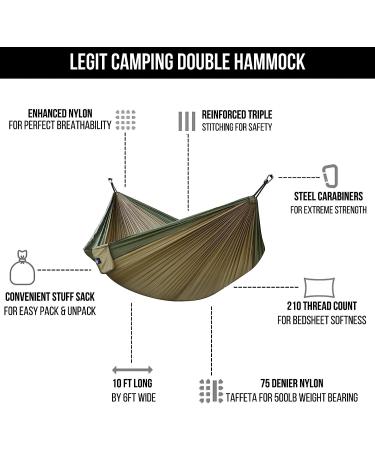 Legit Camping Hammock - 2 Person Double Tree Hammock in Army Green/Khaki - Buy Online on SooperMarket.com