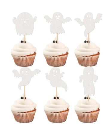 Rsstarxi 30 Halloween Ghost Cupcake Toppers Glitter White Spooky Halloween Cupcake Picks Halloween Baby Shower Cake Decorations for Ghost Theme Birthday Halloween Party Decorations Design 20