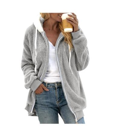 Ronony TeddyMantel Women Long Plush Jacket Pl sch Oberw rkung Kunstpelzjacke Winter coat zip hoodie teddy jacket full zip winter jack coat fleece jacket hooded coat pl schmantel S 1#gray