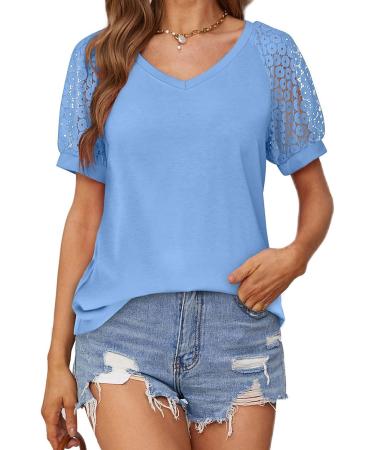 MALAIDOG Womens Lace Puff Sleeve Tunic Blouse - Floral V Neck Tee, Summer Flowy Top Blue - Buy Online on SooperMarket.com