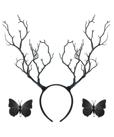 minkissy Womens Headbands Antler Headband Tree Branches Headdress with Butterflies Halloween Deer Horn Cosplay Costume Hair Accessory for Women Womens Hair Accessories Black