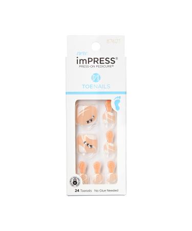 KISS imPRESS Press-On Pedicure Fake Toenails Kit  Style Impressive  Square Shaped  Bejeweled Pink & White Press-On Nails  Includes Prep Pad  Mini Nail File  Cuticle Stick  & 24 Fake Nails