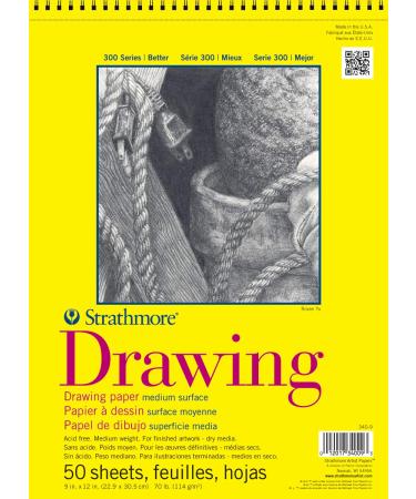 Strathmore 300 Series Drawing Paper Pad, Top Wire Bound, 9x12 inches, 50 Sheets (70lb/114g) - Artist Paper for Adults and Students - Charcoal, Colored Pencil, Ink, Pastel, Marker 9x12 Wire Binding 50 Sheets