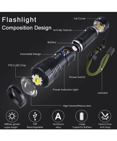 BengMxj Rechargeable LED Flashlight | 90000 Lumens XHP70 Tactical Flashlight with Zoom | 5 Modes | Waterproof for Emergencies, Camping, Hiking - Buy Online on SooperMarket.com