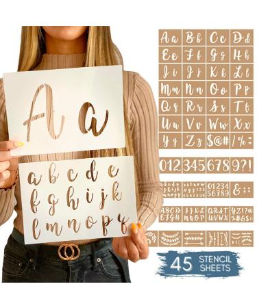 Boutique Calligraphy Stencil Template Kit - 45 Reusable Pieces - Includes Lettering Upper and Lowercase both Large and Small, Numbers, Punctuation, Laurels and Flowers - For Arts Crafts Painting Wood Calligraphy Stencils