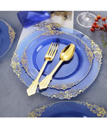 Nervure 175PCS Clear Blue Plastic Plates with Gold Trim - Ideal for Weddings & Parties - Buy Online on SooperMarket.com