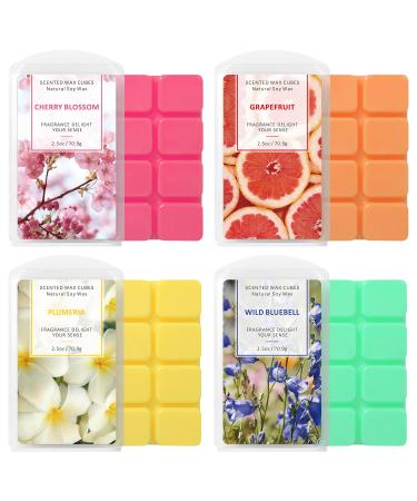 Scented Wax Melts, Soy Wax Cubes, Wax Melts Wax Cubes for Warmer Cubes/Tarts Grapefruit, Cherry Blossoms, Wild Bluebell, Plumeria (4x2.5 oz)