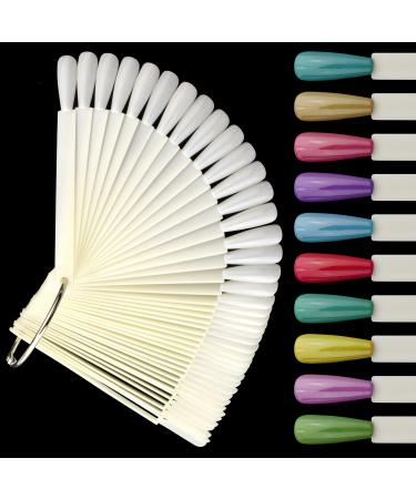 2 Sets 100 Tips Coffin Ballerina Fan Shape Plastic Nail Art Tips Display Polish Board Display Practice Sticks with Metal Split Ring Holder (NT082-Natural)