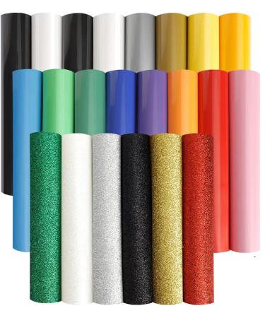 Iron on Vinyl Heat Transfer Vinyl 22 Pack Includes 16 Pack Assorted Colors Sheets and 6 Pack Glitter Sheets for T-Shirts Works with Cricut Silhouette Cameo(10in x 12in)