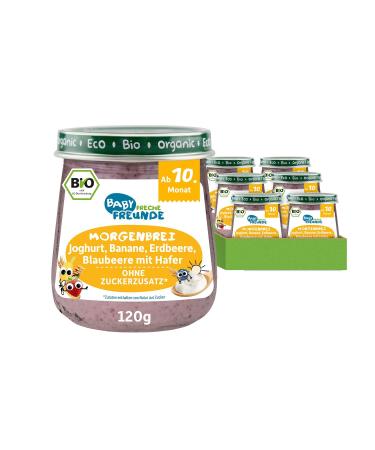 Cheeky Friends Baby Bio Glass Morning Borrugal Joghurt Banana Strawberry Blueberry with oats for babies from 6 months without sugar and additives vegan 6 Pack (6x 120g)