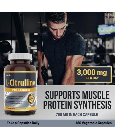 Herba L-Citrulline Capsules 750mg 180 Vegetable Capsules | 3 000mg Per Serving | Pure L Citrulline Nitric Oxide Supplement | NPN from Health Canada | Made & 3rd Party Tested in Canada - Buy Online on SooperMarket.com