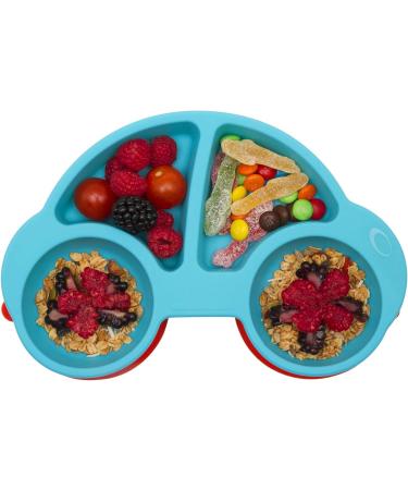 Silicone Divided Toddler Plates - Non-Slip Suction Plates for Kids | BPA Free FDA Approved Baby Dinner Plate with Spoon Fork | Portable & Easy to Clean | New Car Blue/Red - Buy Online on SooperMarket.com