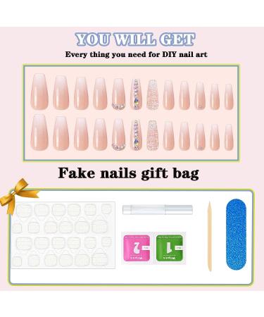 Pink Glitter Gradient Medium Ballerina Press on Nails with Crystal Gem Design - 24Pcs Luxurious False Nails Set for Women & Girls - Buy Online on SooperMarket.com