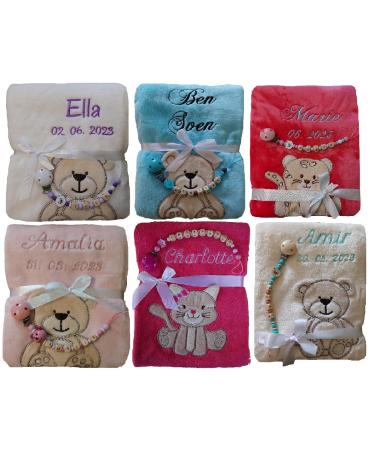 Wuff-Dogsworld baby blanket with name embroidered + pacifier band personalized baptism baby gift birth nuckel band birth date baptismal gift young girls
