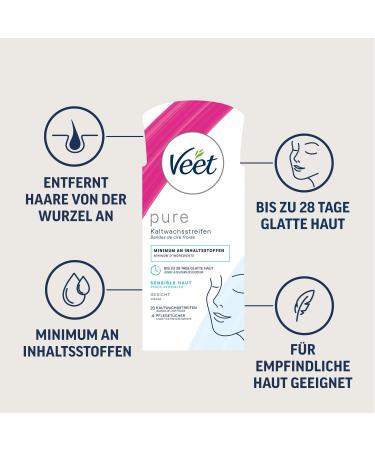 Veet Pure Cold Wax Strips for Sensitive Skin - Smooth Skin Up to 28 Days - 10 Double Strips (20 Individual) for Face Use - Buy Online on SooperMarket.com