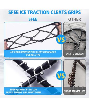 Sfee Ice Cleats - Anti-Slip Snow Grips Crampons for Shoes/Boots | Portable Traction for Walking, Climbing, Hiking, Fishing | Outdoor Running Gear with 2 Velcro Straps - Black (Large) - Buy Online on SooperMarket.com