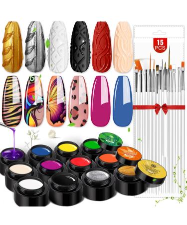 Saviland Gel Paint Kit - Gel Nail Polish Kit 12 Colors Soak Off Gel Polish Set with 15pcs Painting Drawing Nail Brush Pen for Nail Art Design & Nail Salon