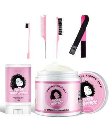 6 Pcs Wig Kit for Lace Front Wigs for Beginners Cosplay Women Girls 113g Edge Control Wax Pomade Styling Gel 15g Hair Wax Stick Bristle Brush Rat Tail Comb Edge Brush Elastic Wig Band - Pink