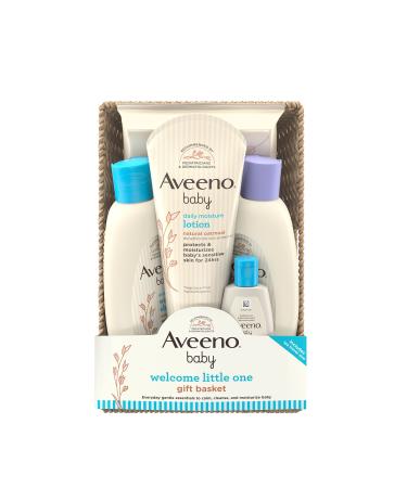 Aveeno Baby Welcome Little One Gift Basket, Baby Skincare Set with Baby Body Wash & Shampoo, Calming Bath Wash, All Over Baby Wipes, & Daily Moisturizing Lotion, 5 Items
