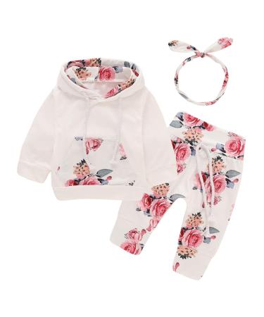 puseky Newborn Baby Girl Clothes Floral Hoodie Sweatshirt with Pocket Flower Pants Tracksuit Outfits Set 3-6 Months White+floral