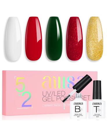 AILLSA Christmas Gel Nail Polish Set Red White Dark Green Gel Polish with Base and Top Coat Red Gold Sparkle Nail Polish Gel Soak Off U V Gel Winter Colors Starter Kit for Christmas Gifts A8-christmas Set