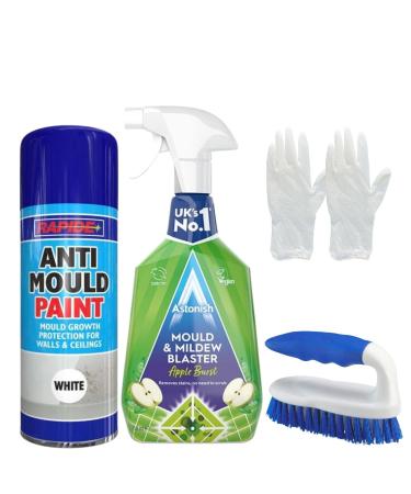 Anti Mould Spray Paint and Mould Remover Set - Bundle Includes Rapide Anti Mould White Spray Paint Astonish Mould and Mildew Remover Scrubbing Brush Pair of Disposable Gloves