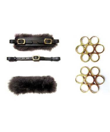 PS Horse Article Set Bitless Bridle Flower Brass - Gold - Real Sheepskin Brown with Gold Fittings