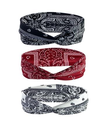 HIXNUG 3 Pieces Boho Headband Bandana Women Retro Flower Printed Twist Elastic Turban Head Wraps Hair Accessories