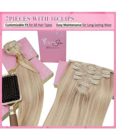Youngsee Clip-In Extensions 45cm Real Hair - Ash Blond & Platinum Highlights | 120g Full-Head 7PCs - Buy Online on SooperMarket.com
