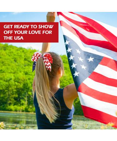 USA Red White Blue Glitter Cheer Hair Bow Ties - America Flag Ribbons with Elastic Tie (Red Wave) - Buy Online on SooperMarket.com