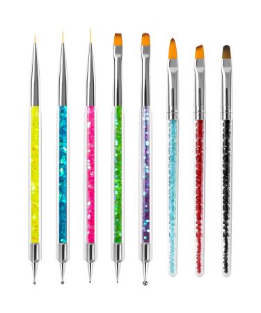 Sularpek 8PCS Function Nail Brush Nail Liner Brush Double Ended Nail Art Pen Brushes With Glitter Handle For DIY Nail Art Designs Dot Pen Tools for Women Girls