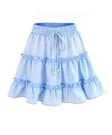 LAEMILIA Womens Elastic Waist Flared Short Skirt Floral Print Pleated Mini Skater Skirt with Drawstring XL Light Blue