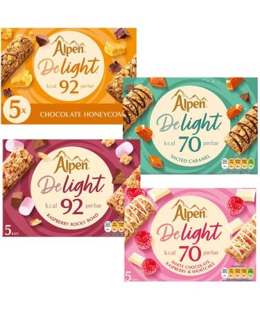 Cereal Bar Bundle With Alpen DeLight Chocolate Honeycomb Cereal Bar 5x120g Raspberry Rocky Road 5x120g White Chocolate Raspberry & Shortcake 5x95g and Salted Caramel 5x95g (4 Pack)