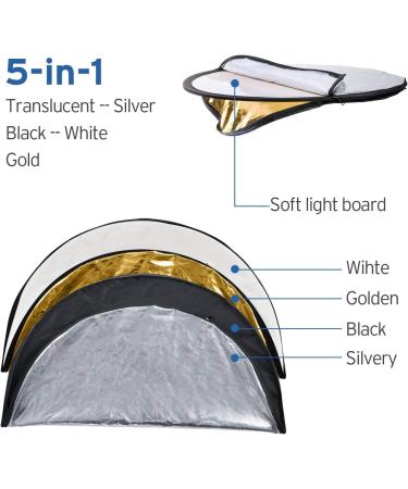 Etekcity 24 5-in-1 Photography Reflector Light - 24 Inch Multi-Disc Photo Reflector Kit with Bag - Translucent Silver Gold White Black - Professional Photo Lighting Tool - Buy Online on SooperMarket.com