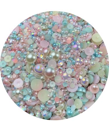 Mix Flatback Pearls and Rhinestone 60g Resin Rhinestones Half Round Pearls for Crafts 3mm-10mm AB Color Half Pearl Flatback Rhinestone for Nail Face Art Bottles (Light Pink Blue Series)