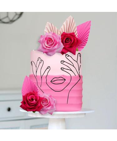 JeVenis Rosa Acrylic Minimalist Art Lady Face Cake Topper Pink Rose Cake Topper Gold Palm Leaves Wedding Cake Toppers for Wedding Bridal Shower Birthday Party - Buy Online on SooperMarket.com