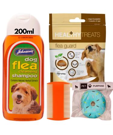 Dog Flea Cleansing Bundle | Johnsons Flea Shampoo for Dogs and Puppies from 12 Weeks 1x 200ml | Healthy Treats Flea Guard 1x 70g | Grooming and Flea Care Comb x1 | 1x Squeaky Donut Toy