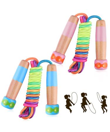 2 Pcs Jump Rope for Kids Adjustable, Lorvain Kid Jump Ropes for Girls Boys Skipping Rope for Kids with Wooden Handle Cotton Braided Outdoor Fun Activity for Exercise Fitness Children Students Preschooler Rainbow