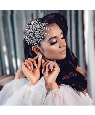 AMORARSI Wedding Rhinestone Hair Piece Leaf Bride Side Headpieces Crystal Hair Accessories for Brides and Bridesmaids (Silver)