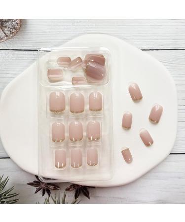 French Gold Glitter Short Square Press on Nails - 24Pcs Acrylic Full Cover Glossy Nude Tips for Women and Girls - Buy Online on SooperMarket.com