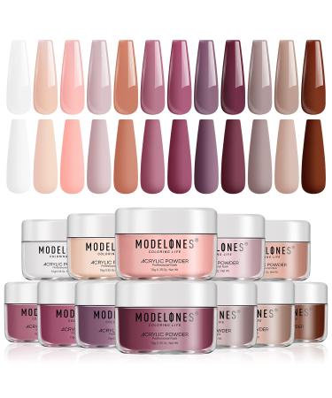 Modelones Acrylic Powder Set, 12 Colors Acrylic Nail Powder Pink Nude Professional Polymer 3D Acrylic Nail Art Kit for French Nail Extension All Seasons Nail Carving, No Nail Lamp Needed A7-Nude Pink