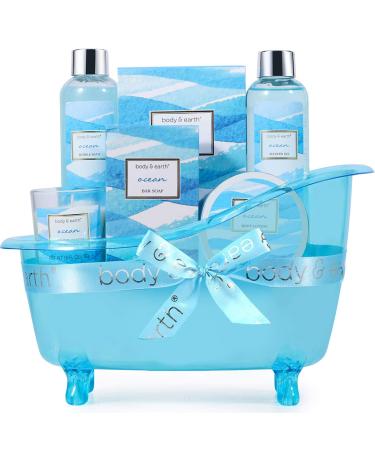 Bath Gift Set for Women, Body & Earth Spa Gift Baskets for Women, 7 Pcs Bath Set Scented with Ocean, Bath and Body Gift Basket, Birthday Gifts for Women