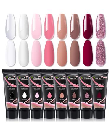 wakaniya Poly Nail Extension Gel Kit  8 Clear White Nude Pink Poly Nail Gel Colors  Poly Gel Nails Enhancement Poligel Tubes Set for DIY French Nail Art Design Home Manicure  120ML Clear White Nude Pinks 8A