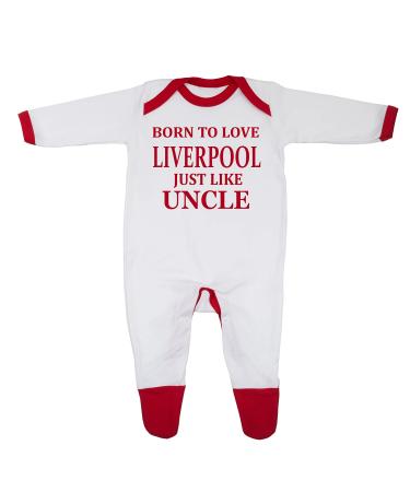 'Born To Love Liverpool Just Like Uncle' Baby Boy Girl Sleepsuit Designed and Printed in the UK Using 100% Fine Combed Cotton 6-9 Months White/Red Trim